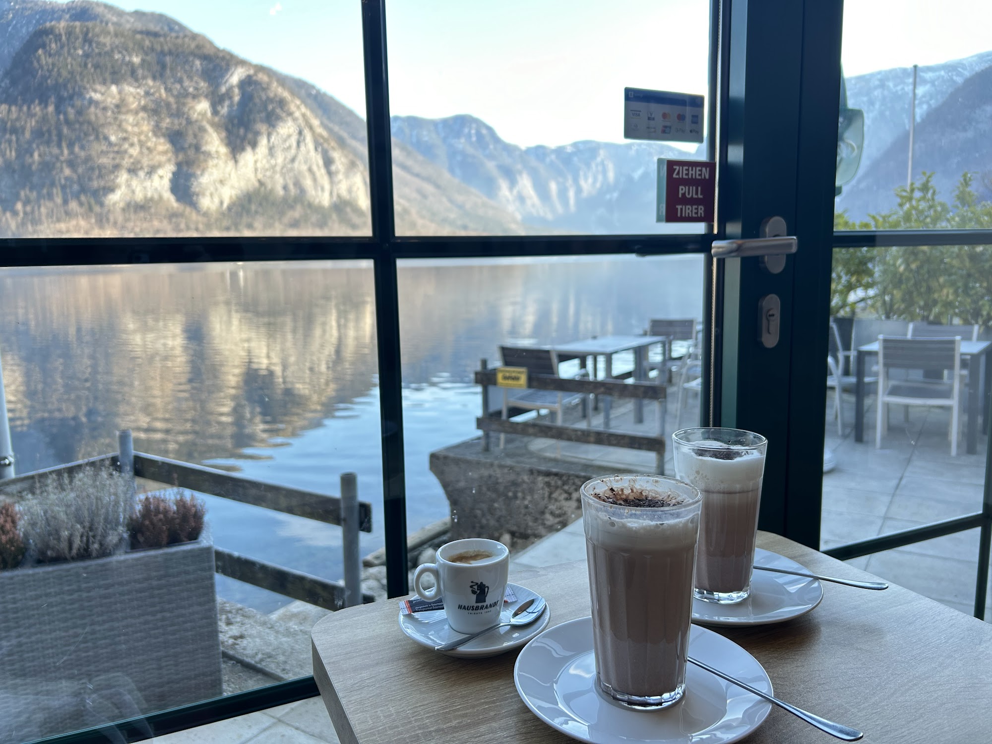Coffee and chocolate drinks with a Lake Hallstatt view