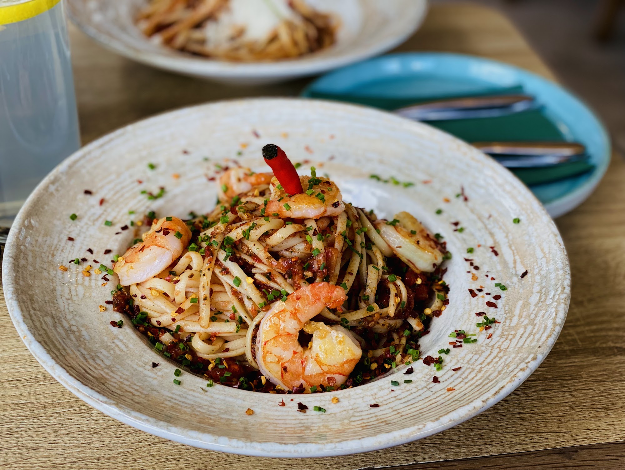 Prawn pasta dish at Seecafé Hallstatt